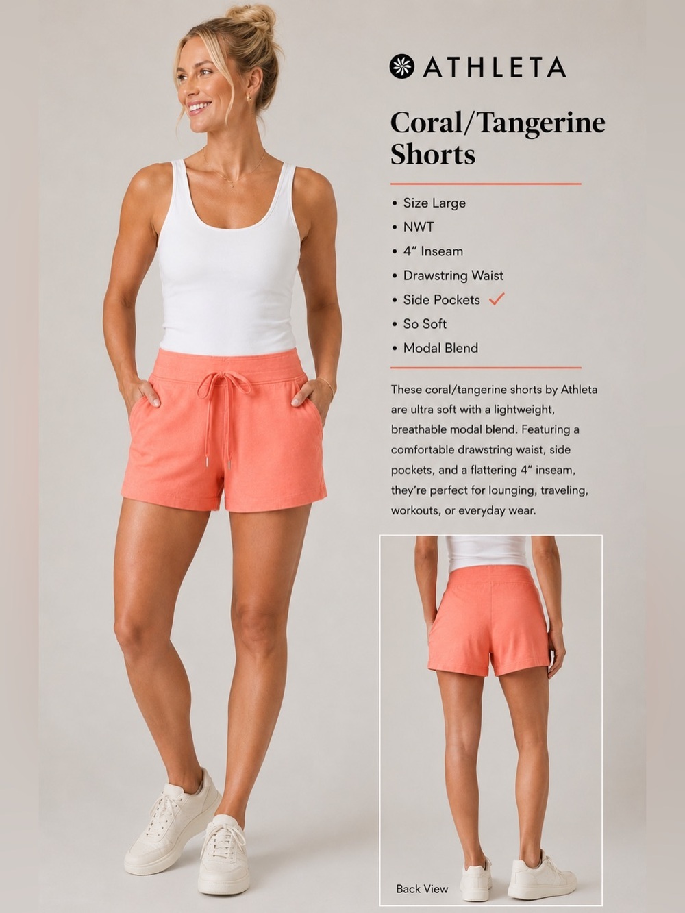 Athleta Women’s Coral Tangerine Soft Modal Drawstring Shorts Size L NWT 4”